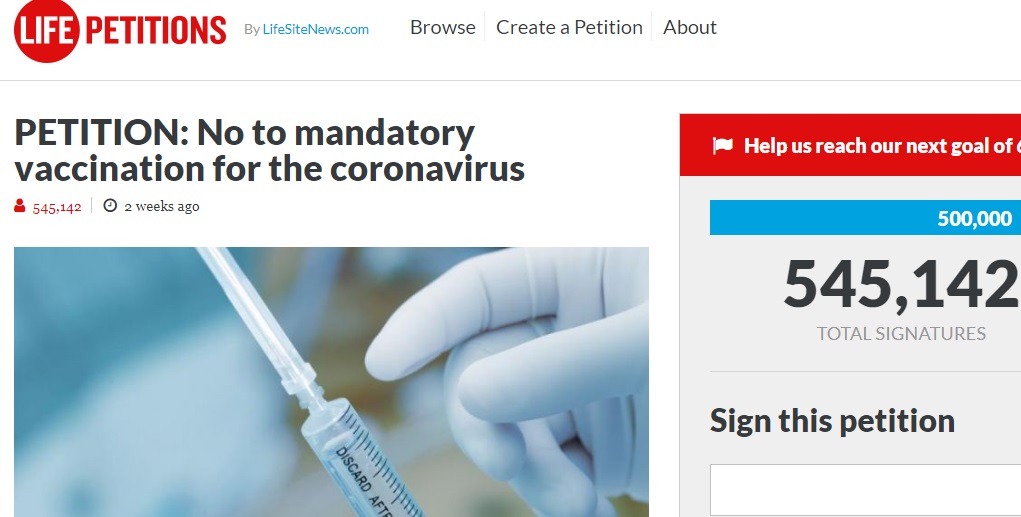 Over Half a Million Sign the Petition against Mandatory Coronavirus Vaccine